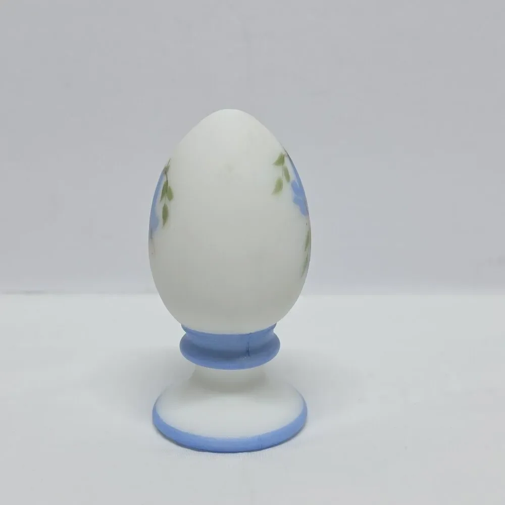 FENTON SATIN MILK GLASS HAND PAINTED BLUE BELLS EGG ON STAND SIGNED VINTAGE